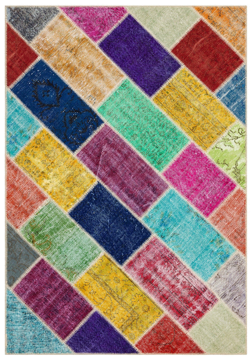 Iskece 35819 Beige Patchwork Wool Handmade Area Rug 5'3" x 7'8"