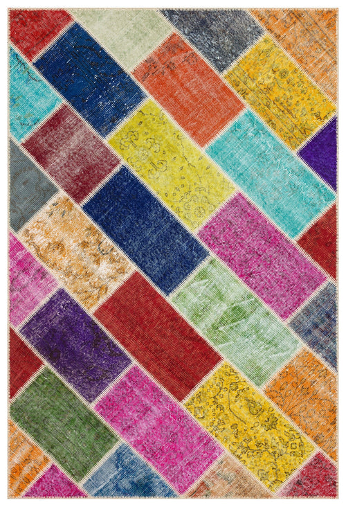 Iskece 35820 Beige Patchwork Wool Handmade Area Rug 5'3" x 7'9"