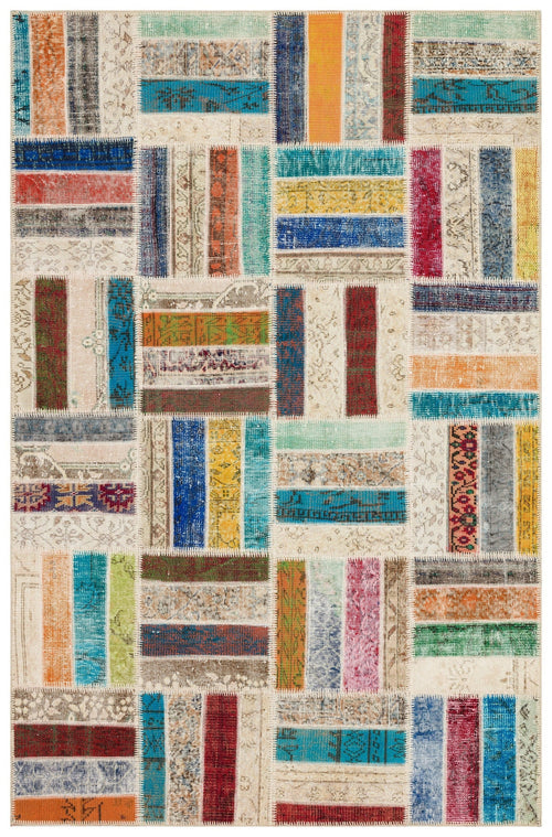 Iskece 35825 Beige Patchwork Wool Handmade Area Rug 5'4" x 8'0"