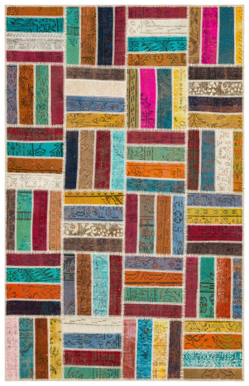 Iskece 35826 Beige Patchwork Wool Handmade Area Rug 5'3" x 8'0"