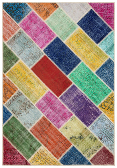 Iskece 35837 Beige Patchwork Wool Handmade Area Rug 5'4" x 7'8"