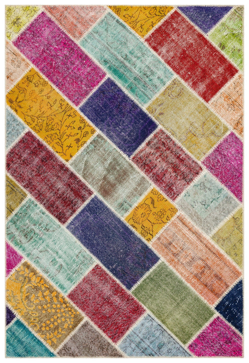 Iskece 35841 Beige Patchwork Wool Handmade Area Rug 5'2" x 7'8"