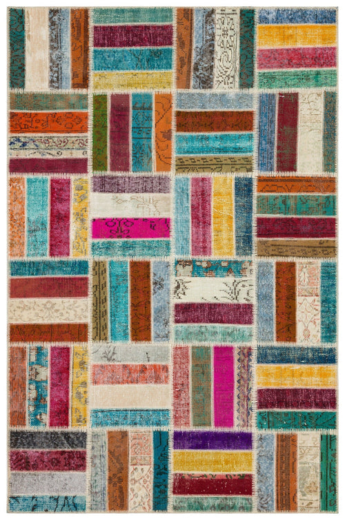 Iskece 35844 Beige Patchwork Wool Handmade Area Rug 5'4" x 8'0"