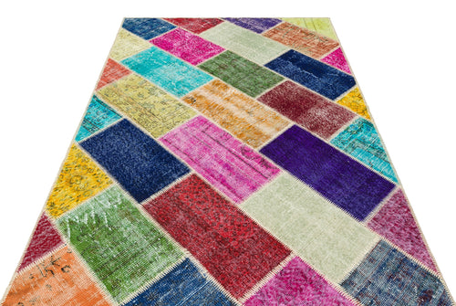 Iskece 35849 Beige Patchwork Wool Handmade Area Rug 5'3" x 7'8"