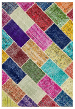 Iskece 35849 Beige Patchwork Wool Handmade Area Rug 5'3" x 7'8"