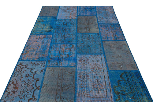 Iskece 35871 Blue Patchwork Wool Handmade Area Rug 5'4" x 7'7"