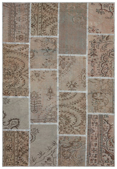 Iskece 35879 Brown Patchwork Wool Handmade Area Rug 5'3" x 7'7"