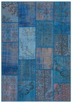 Iskece 35887 Blue Patchwork Wool Handmade Area Rug 5'4" x 7'7"