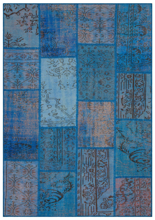 Iskece 35887 Blue Patchwork Wool Handmade Area Rug 5'4" x 7'7"