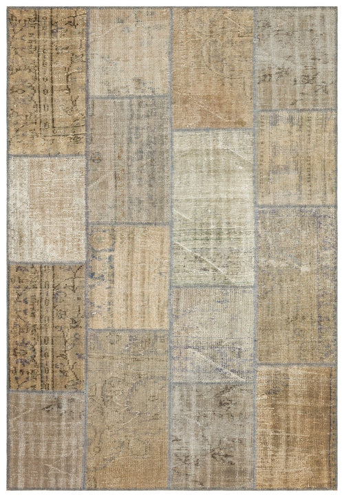 Iskece 35888 Beige Patchwork Wool Handmade Area Rug 5'3" x 7'7"