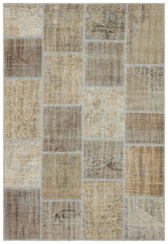 Iskece 35889 Beige Patchwork Wool Handmade Area Rug 5'3" x 7'7"