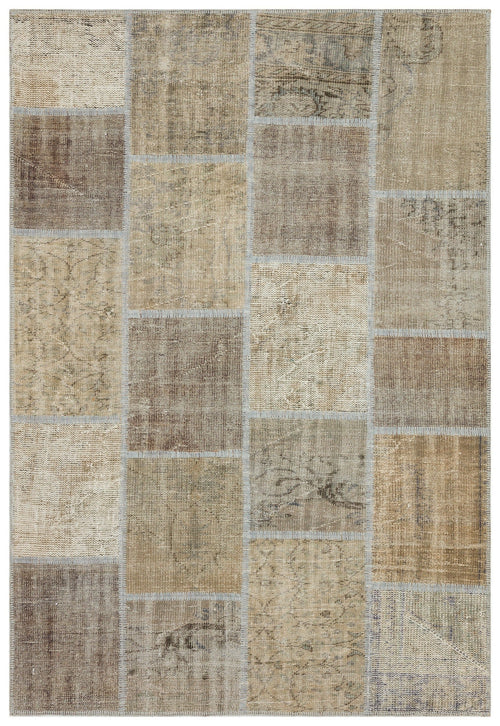 Iskece 35889 Beige Patchwork Wool Handmade Area Rug 5'3" x 7'7"