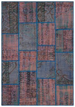 Iskece 35892 Blue Patchwork Wool Handmade Area Rug 5'4" x 7'7"