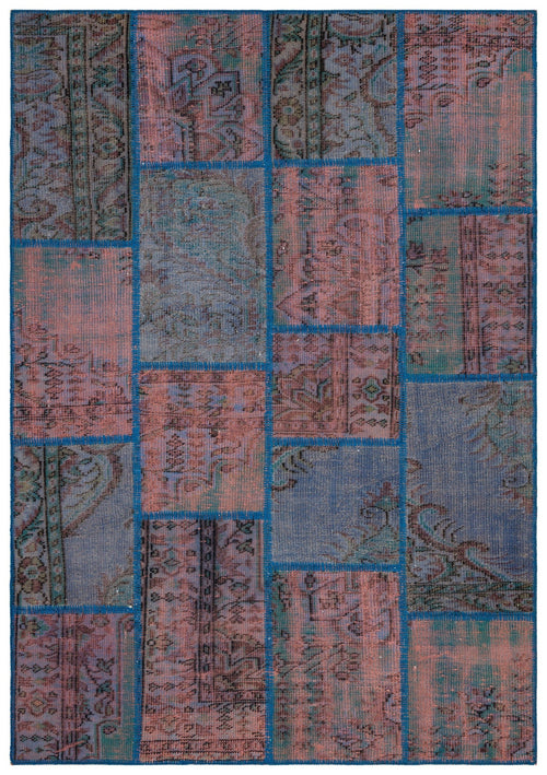 Iskece 35892 Blue Patchwork Wool Handmade Area Rug 5'4" x 7'7"