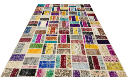 Iskece 35893 Beige Patchwork Wool Handmade Area Rug 5'11" x 9'5"