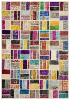 Iskece 35893 Beige Patchwork Wool Handmade Area Rug 5'11" x 9'5"