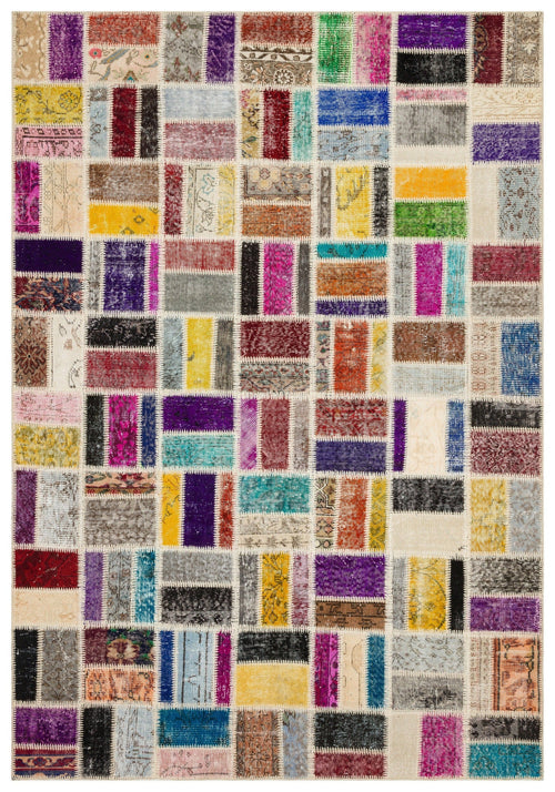 Iskece 35893 Beige Patchwork Wool Handmade Area Rug 5'11" x 9'5"