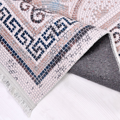 Chenille Area Rug - Washable Non Slip Navy Beige Kilim Style Carpet Frame