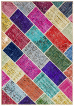 Iskece 36176 Beige Patchwork Wool Handmade Area Rug 5'4" x 7'7"