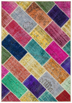 Iskece 36178 Beige Patchwork Wool Handmade Area Rug 5'4" x 7'7"