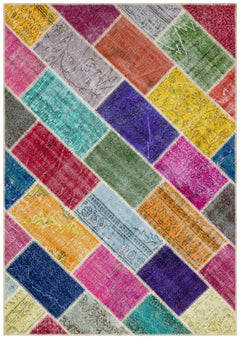 Iskece 36180 Beige Patchwork Wool Handmade Area Rug 5'4" x 7'6"