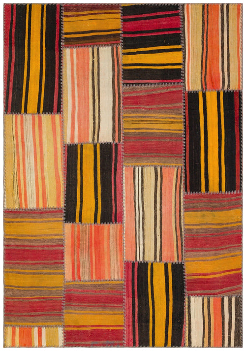 Teselya Yellow Striped Wool Handmade Area Rug 5'3" x 7'7"