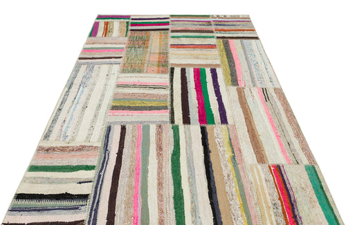 Teselya Beige Striped Wool Handmade Area Rug 5'3" x 7'6"