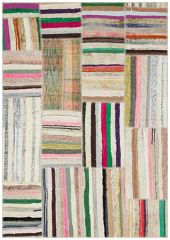 Teselya Beige Striped Wool Handmade Area Rug 5'3" x 7'6"