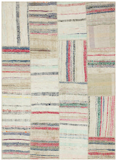 Teselya Beige Striped Wool Handmade Area Rug 5'3" x 7'2"