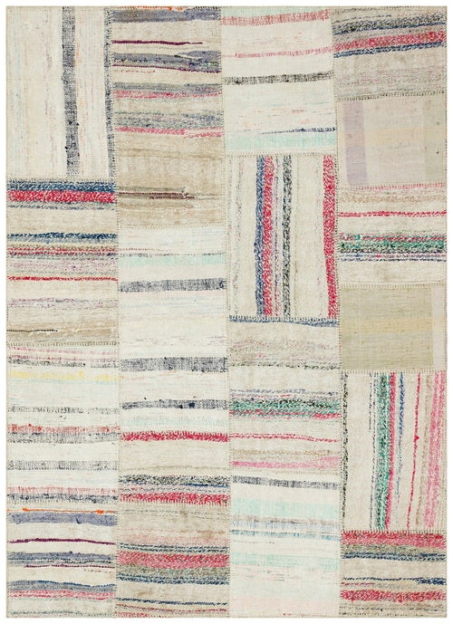 Teselya Beige Striped Wool Handmade Area Rug 5'3" x 7'2"