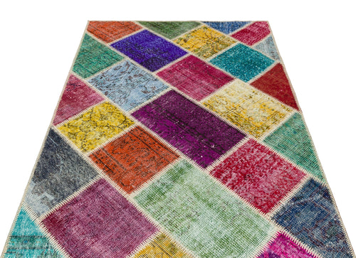 Iskece 36220 Beige Patchwork Wool Handmade Area Rug 4'0" x 5'11"