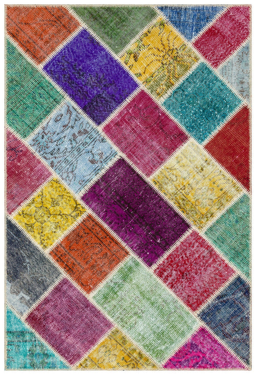 Iskece 36220 Beige Patchwork Wool Handmade Area Rug 4'0" x 5'11"