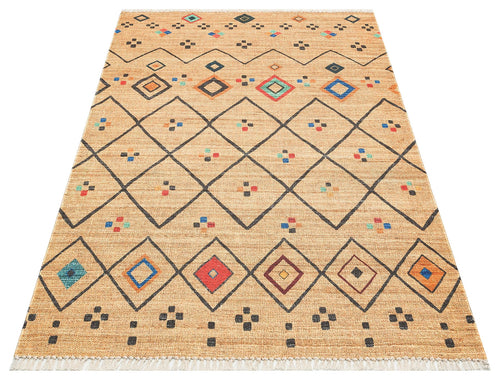 Washable Cotton Kilim - Beige Geometric Double Sided Flatweave Rug With Jute Look
