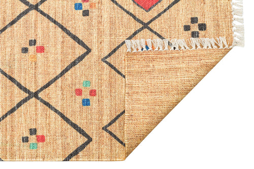 Washable Cotton Kilim - Beige Geometric Double Sided Flatweave Rug With Jute Look