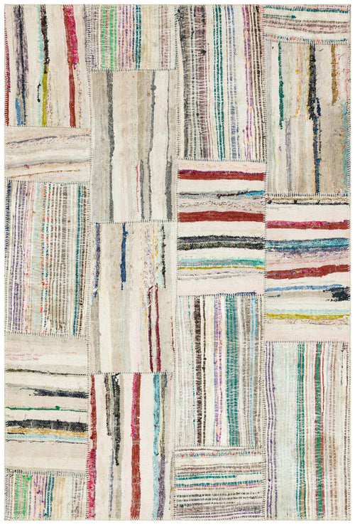 Teselya Beige Striped Wool Handmade Area Rug 5'1" x 7'8"
