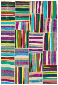 Teselya Beige Striped Wool Handmade Area Rug 5'3" x 7'6"