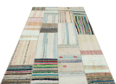 Teselya Beige Striped Wool Handmade Area Rug 5'1" x 7'10"