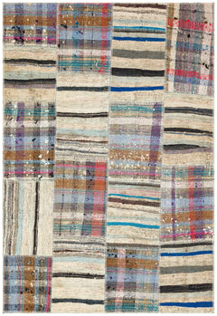 Teselya 36319 Beige Striped Wool Handmade Area Rug 5'1" x 7'7"