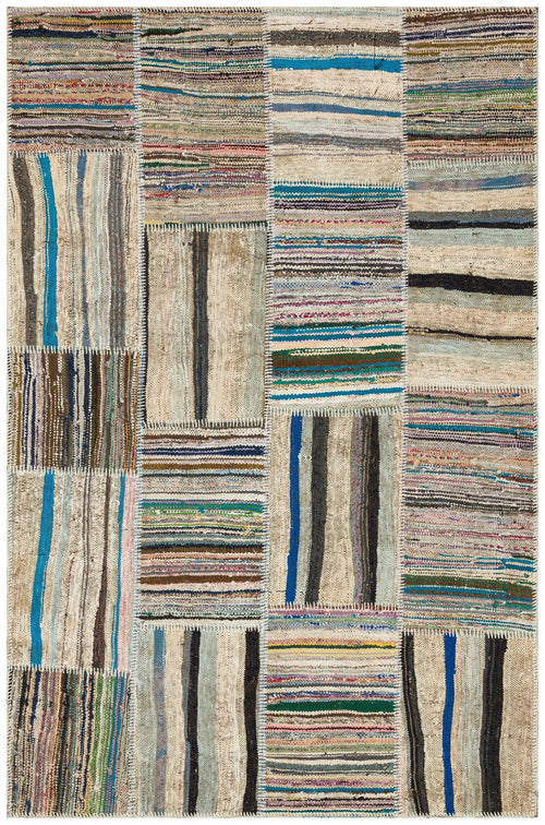 Teselya Beige Striped Wool Handmade Area Rug 4'11" x 7'7"