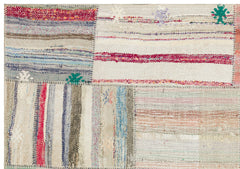 Teselya Beige Striped Wool Handmade Area Rug 5'3" x 7'5"