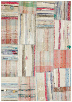 Teselya Beige Striped Wool Handmade Area Rug 5'3" x 7'5"