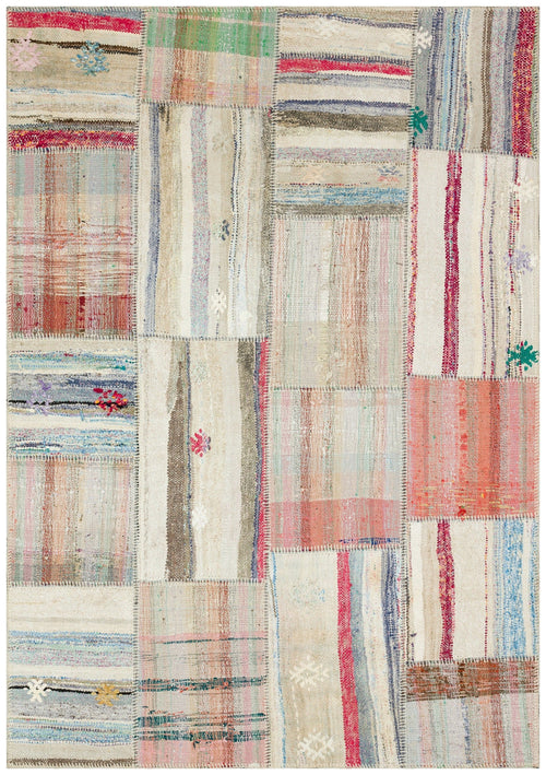 Teselya Beige Striped Wool Handmade Area Rug 5'3" x 7'5"