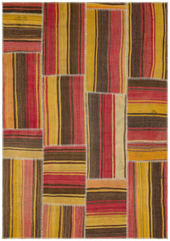 Teselya Yellow Striped Wool Handmade Area Rug 5'3" x 7'7"