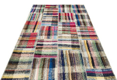 Teselya Beige Striped Wool Handmade Area Rug 5'2" x 7'9"