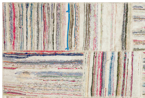 Teselya Beige Striped Wool Handmade Area Rug 5'1" x 7'8"