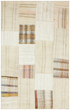 Teselya Beige Striped Wool Handmade Area Rug 4'8" x 7'6"