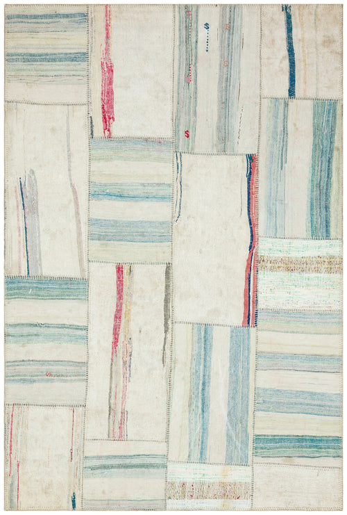 Teselya Beige Striped Wool Handmade Area Rug 5'3" x 7'10"