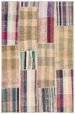 Teselya Beige Striped Wool Handmade Area Rug 3'8" x 5'9"