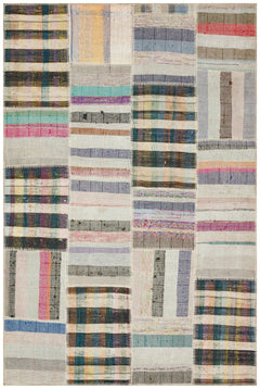 Teselya Beige Striped Wool Handmade Area Rug 5'0" x 7'5"