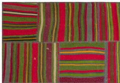 Teselya Green Striped Wool Handmade Area Rug 5'3" x 7'7"